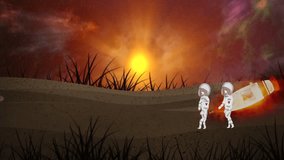 Two astronauts walking on different planets, moon earth with spacesuits. The sun is shining across the planet, cosmic background, rocket on fire. Beautiful 2D animation, Cartoon, comic video. 