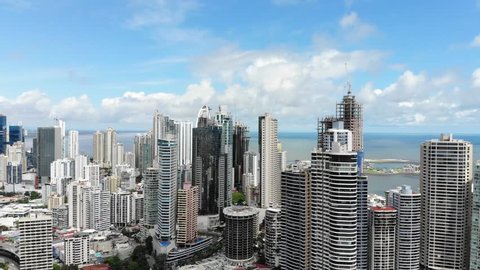 Cinematic aerial view of Panama city skyline in Panama, Central America