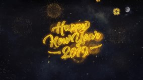2019 Happy New Year Text Typography Reveal From Golden Firework Particles Night Sky 4k Background. Greeting card, Celebration, Party, Invitation, Gift, Event, Message, Holiday, Wish, Festival  - Powered by Shutterstock - Get 15% off with code: PIKWIZARD15