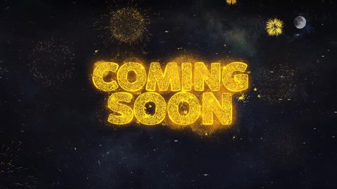 Coming Soon Text Typography Reveal From Golden Firework Crackers Particles Night Sky 4k Background. Greeting card, Celebration, Party, Invitation, Gift, Event, Message, Holiday, Wish, Festival 