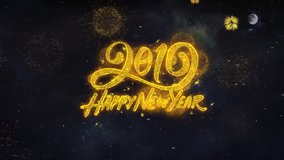 2019 Happy New Year Text Typography Reveal Golden Firework Crackers Particles Night Sky 4k Background. Greeting card, Celebration, Party, Invitation, Gift, Event, Message, Holiday, Wish, Festival  - Powered by Shutterstock - Get 15% off with code: PIKWIZARD15