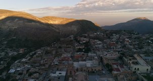 Aerial panning down shot of Real de Catorce in the morning, San Luis Potosi Mexico