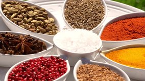 Spices. Various Indian. Spice and herbs rotate. Assortment of Seasonings, condiments. Cooking ingredients, flavor. 4K video.