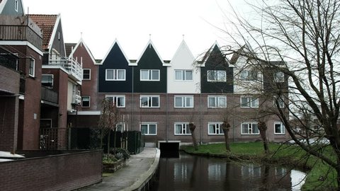Beautiful architecture Volendam. Typical small Dutch houses facades in Volendam Netherlands