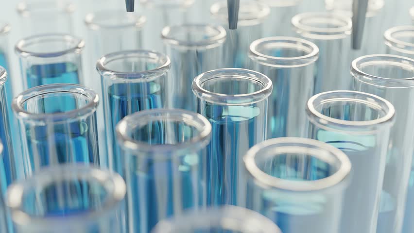 View of a glass test tubes filling with chemical composition in a laboratory. Blue colored chemical in test tube. The clip is loop ready. | Shutterstock HD Video #1028111909