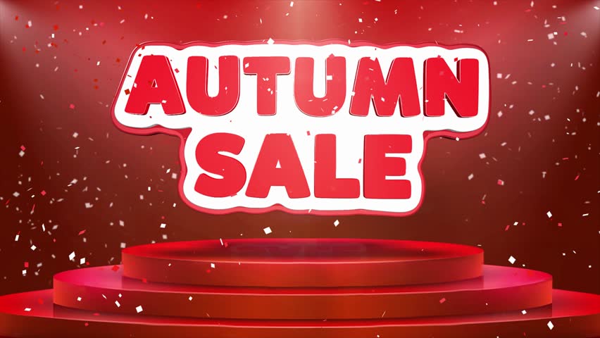 Autumn Sale Text Animation on 3d Stage Podium Carpet. Reval Red Curtain With Abstract Foil Confetti Blast, Spotlight, Glitter Sparkles, Loop 4k Animation. - Powered by Shutterstock - Get 15% off with code: PIKWIZARD15