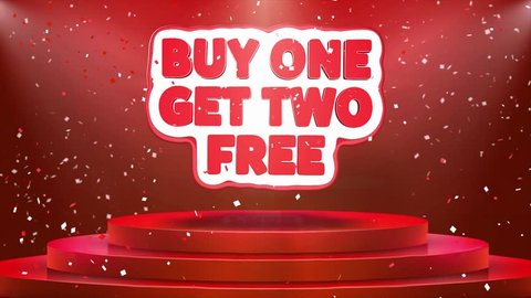 Buy One Get Two Free Text Animation on 3d Stage Podium Carpet. Reval Red Curtain With Abstract Foil Confetti Blast, Spotlight, Glitter Sparkles, Loop 4k Animation.