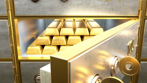 A door of safety deposit box with gold bars inside opened by two golden keys