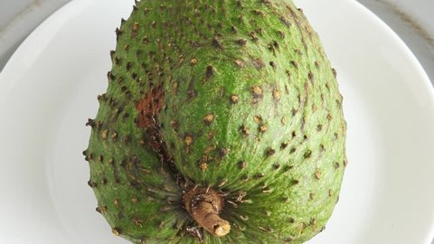 One soursop graviola, exotic, tropical fruit Guanabana on plate, Rotate