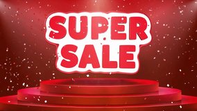 Super Sale Text Animation on 3d Stage Podium Carpet. Reval Red Curtain With Abstract Foil Confetti Blast, Spotlight, Glitter Sparkles, Loop 4k Animation. - Powered by Shutterstock - Get 15% off with code: PIKWIZARD15