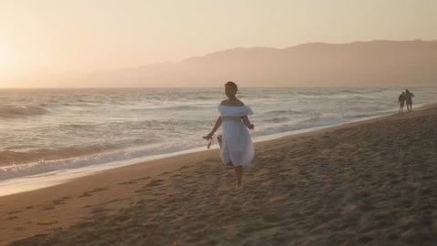 Pregnant woman walking out her dog on the beach / golden retriever   Video de stock