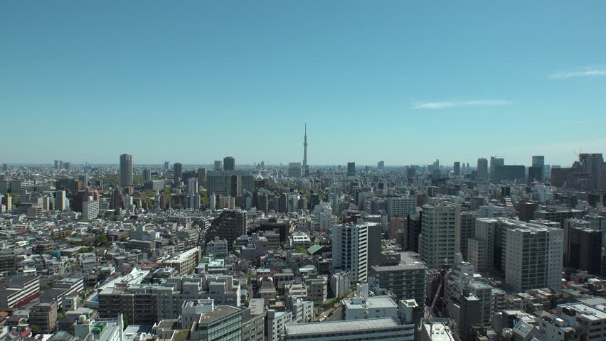 TOKYO,  JAPAN - CIRCA APRIL 2019 : Aerial view of CITYSCAPE of TOKYO.  View from Bunkyo ward.  Zoom in shot.