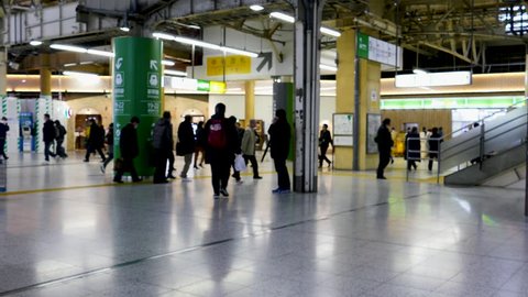 TOKYO, JAPAN - FEBRUARY 5, 2019: Commuters at Japanese subway train station