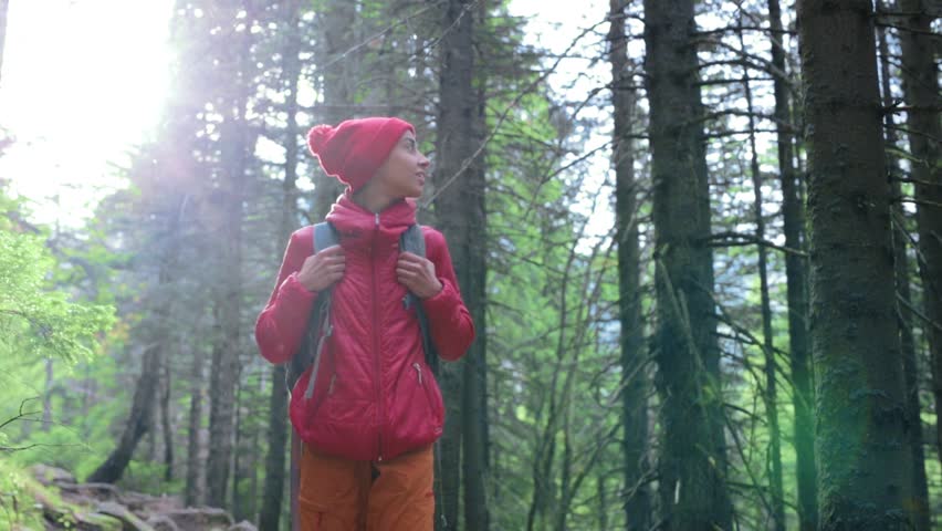 yong smiling woman hiker with backpack, wearing in red jacket and orange pants, walking by rocky trail in the beautiful dark thick pine forest in mountains, Western Ukraine.