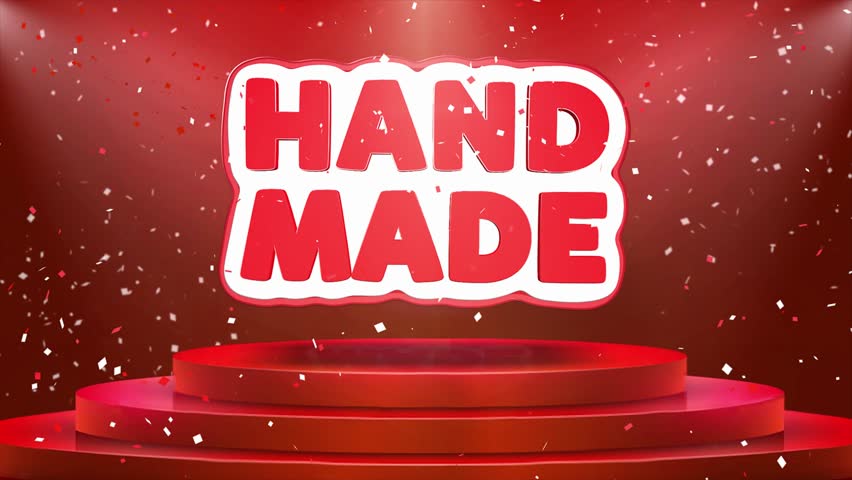 Hand Made Text Animation on 3d Stage Podium Carpet. Reval Red Curtain With Abstract Foil Confetti Blast, Spotlight, Glitter Sparkles, Loop 4k Animation.