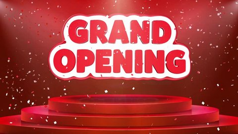 Grand Opening Text Animation on 3d Stage Podium Carpet. Reval Red Curtain With Abstract Foil Confetti Blast, Spotlight, Glitter Sparkles, Loop 4k Animation.