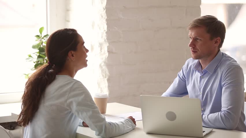 Satisfied business partners, woman client and company manager having positive pleasant talk succeed agreement shaking hands, applicant girl successfully passed job interview handshaking with employer Royalty-Free Stock Footage #1028136989
