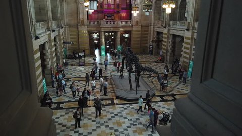 Glasgow, Scotland; April 20th 2019: Visitors viewing the Diplodocus dinosaur skeleton at Kelvingrove Art Gallery and Museum.