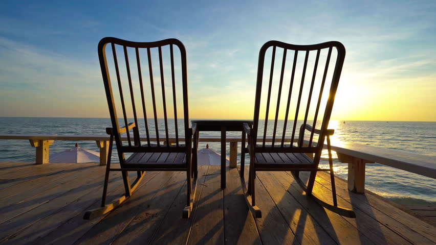 Amazing Romantic Sunset Scene Two, Two Rocking Chairs And Table