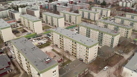 Rinkeby Tensta Stockholm aerial 4k drone shot. Known for concentration of immigrants, people with immigrant ancestry, foreign roots. Swedish Scandinavian largest ghetto in suburb. No go zone