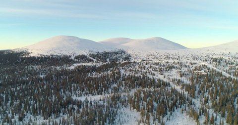 Pallastunturi fell,  tracking, drone shot, over spruce forest, overlooking a hotel and Ounastunturit fjells, in Pallas-yllastunturi national park, at the arctic circle, on a sunny, winter