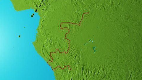 Graphic 3d animated earth showing the borders of the country Republic of the Congo and the capital Brazzaville in 4K resolution at day
