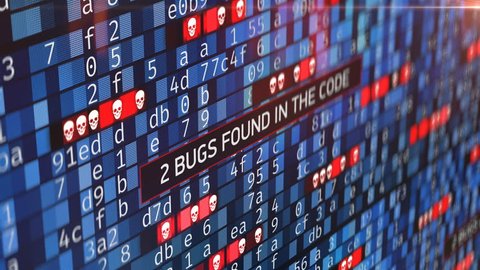 Countdown of bugs found in the code, corrupt programming code, hacked system. Data encryption, malware spreading in network