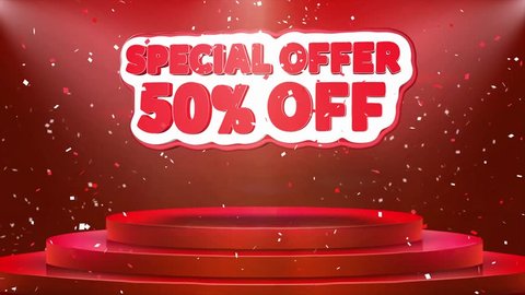 50 off Special Offer Text Animation on 3d Stage Podium Carpet. Reval Red Curtain With Abstract Foil Confetti Blast, Spotlight, Glitter Sparkles, 4k Animation.