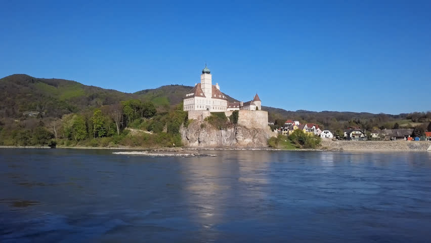 Aerial panorama of Schloss Schonbuhel, a castle in the Wachau Valley near Melk, Lower Austria