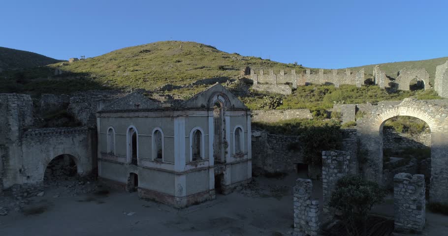 Aerial shot of a roofless building of the Pueblo Fantasma in Real de Catorce, San Luis Potosi, Mexico