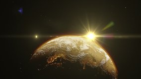 Beautiful sunrise world skyline. Planet earth from space. Planet earth rotating animation. Clip contains space, planet, galaxy, stars, cosmos, sea, earth, sunset, globe, golden color. 4k