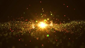 Space golden background with particles. Space gold dust with stars on black background. Sunlight of beams and gloss of particles galaxies. VJ Seamless loop. 4k