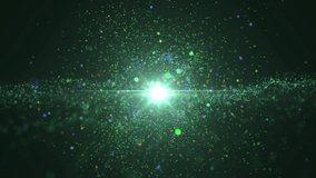 Space neon background with particles. Space aquamarine dust with stars on black background. Sunlight of beams and gloss of particles galaxies. VJ Seamless loop. 4k