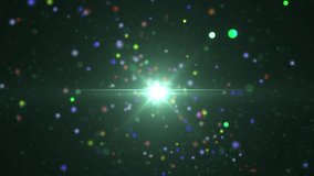 Space neon background with particles. Space aquamarine dust with stars on black background. Sunlight of beams and gloss of particles galaxies. VJ Seamless loop. 4k