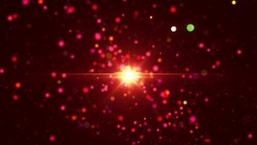 Space red background with particles. Space scarlet dust with stars on black background. Sunlight of beams and gloss of particles galaxies. VJ Seamless loop. 4k