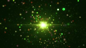 Space green background with particles. Space lime dust with stars on black background. Sunlight of beams and gloss of particles galaxies. VJ Seamless loop. 4k