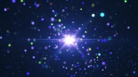 Space blue background with particles. Space azure dust with stars on black background. Sunlight of beams and gloss of particles galaxies. VJ Seamless loop. 4k