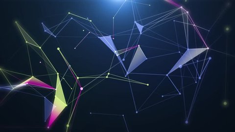 Abstract multicolored geometrical lines with moving triangles and dots on a black background. Loop animations. 4k