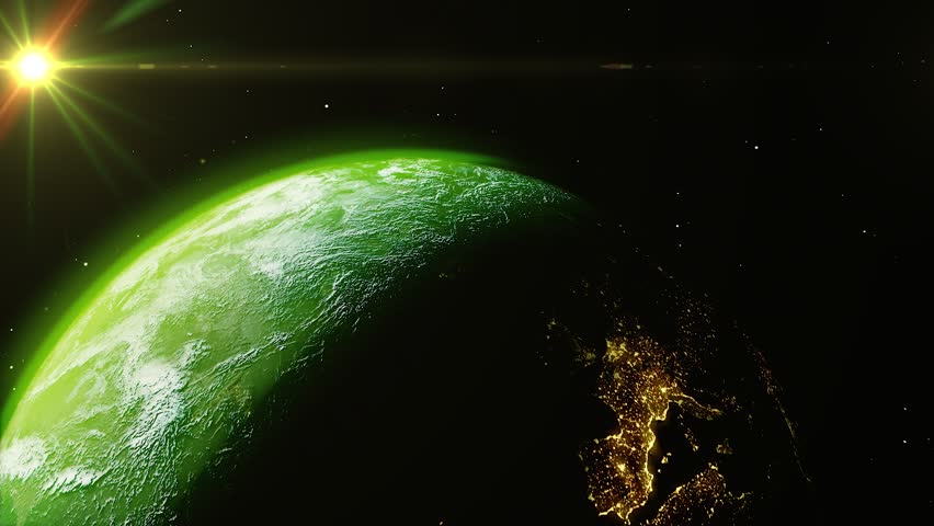 Beautiful sunrise world skyline. Planet earth from space. Planet earth rotating animation. Clip contains space, planet, galaxy, stars, cosmos, sea, earth, sunset, globe, green color. 4k