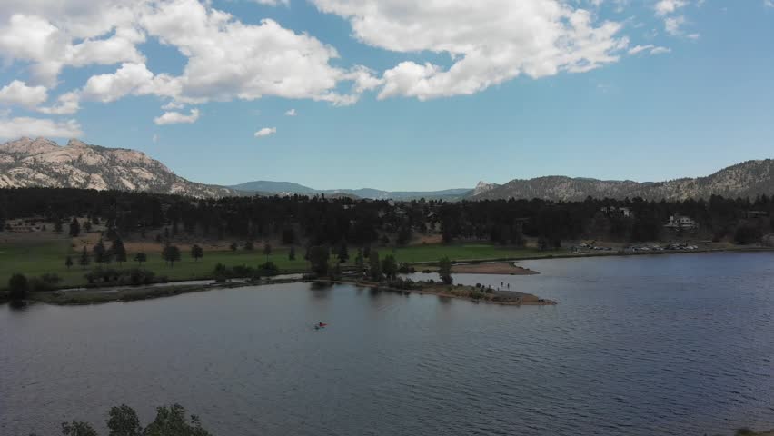 Drone footage near Rocky Mountain National Park in Colorado. A lake and mountains are featured