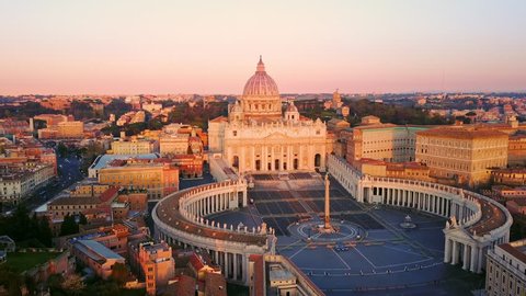 rome aerial shot drone fly orbit on st peter square basilica at sunrise