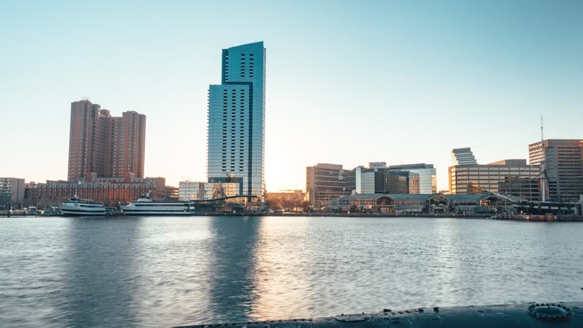 Majestic 4K sunset timelapse of the Baltimore Inner Harbor skyline