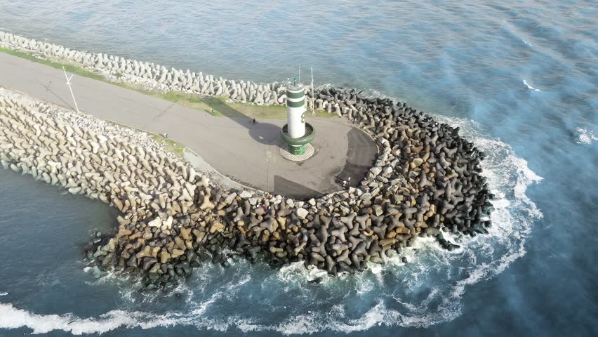 Aerial view of the lighthouse of Farol Do Molhe Da Barra De Itajaí, Santa Catarina, Brazil.