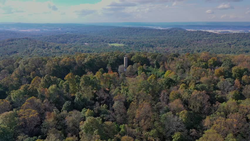 Mount Gretna in Pennsylvania is a popular hiking destination with Governor Dick observation tower sitting on top and offering a 360 panoramic view, aerial view