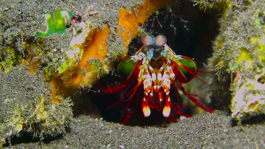 The Rainbow Mantis Shrimp in it's burrow.