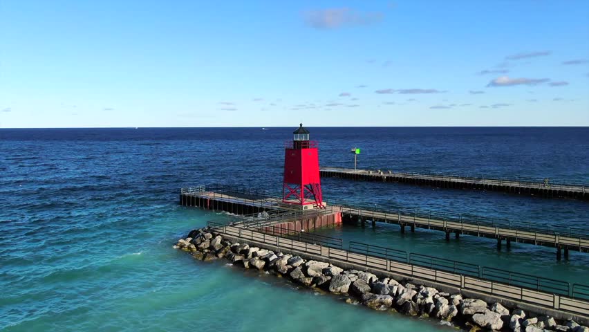 Lighthouse in Charlevoix Northern Michigan Sandy Beach Lake Michigan.
