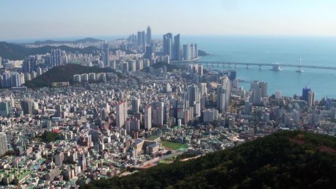 Aerial view from Hwangnyeongsan mountain, Cityscape of Busan and Gwangandaegyo Bridge, South Korea
