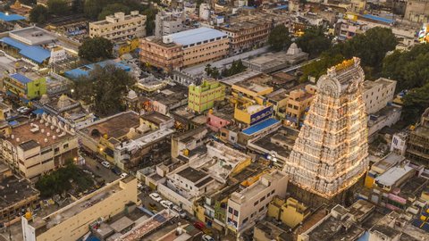 Govindaraj temple in Tirupati, India, 4k hyperlapse aerial drone