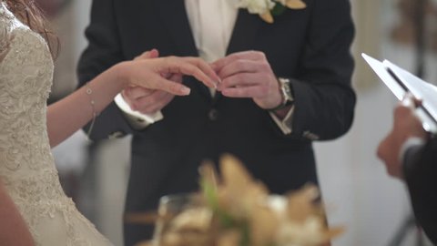 wedding couple exchange rings close up Stock Video