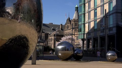 Sheffield, Yorkshire / England - March 10 2019: Sheffield is regarded as one of England's greenest cities with its parks and trees. City centre time lapse UK England 4K